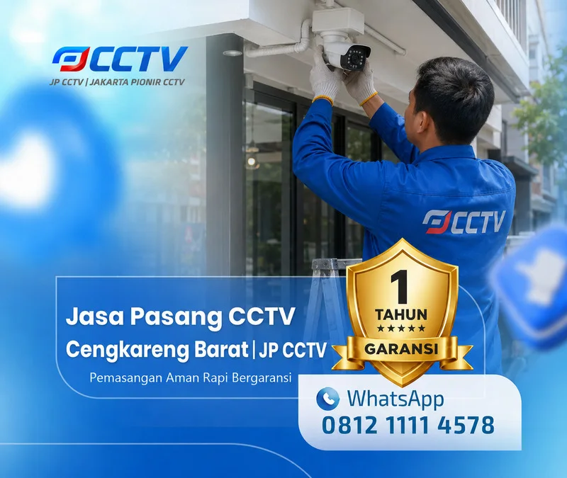 Teknisi JP CCTV sedang memasang kamera CCTV di Cengkareng Barat dengan instalasi rapi dan garansi 1 tahun.