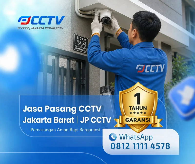 Teknisi JP CCTV sedang memasang kamera CCTV di Jakarta Barat dengan layanan instalasi rapi dan garansi 1 tahun.