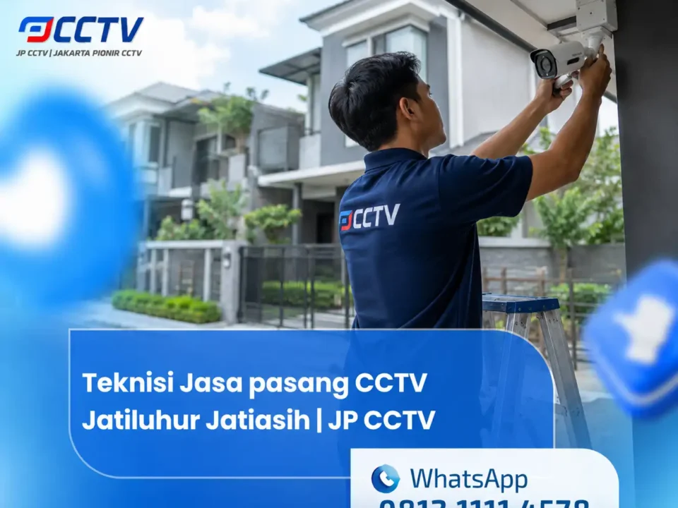 Teknisi JP CCTV sedang memasang kamera CCTV di area komplek rumah Jatiluhur Jatiasih