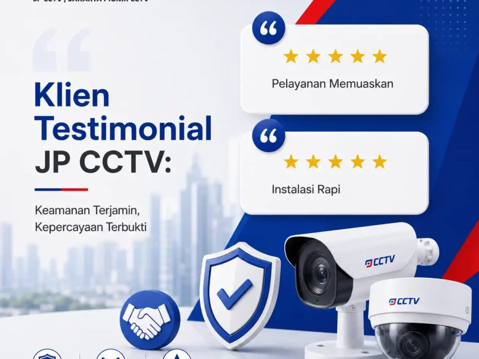 Flyer Klien Testimonial JP CCTV dengan tema keamanan terjamin dan kepercayaan terbukti
