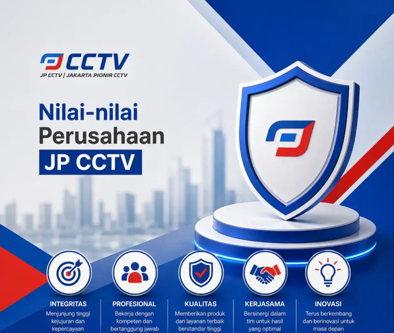 Nilai-nilai Perusahaan JP CCTV dengan logo JP CCTV, simbol perisai, dan lima nilai utama perusahaan