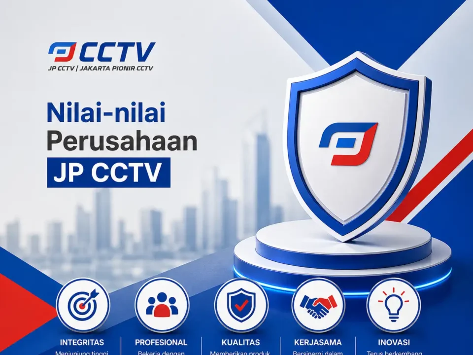 Nilai-nilai Perusahaan JP CCTV dengan logo JP CCTV, simbol perisai, dan lima nilai utama perusahaan