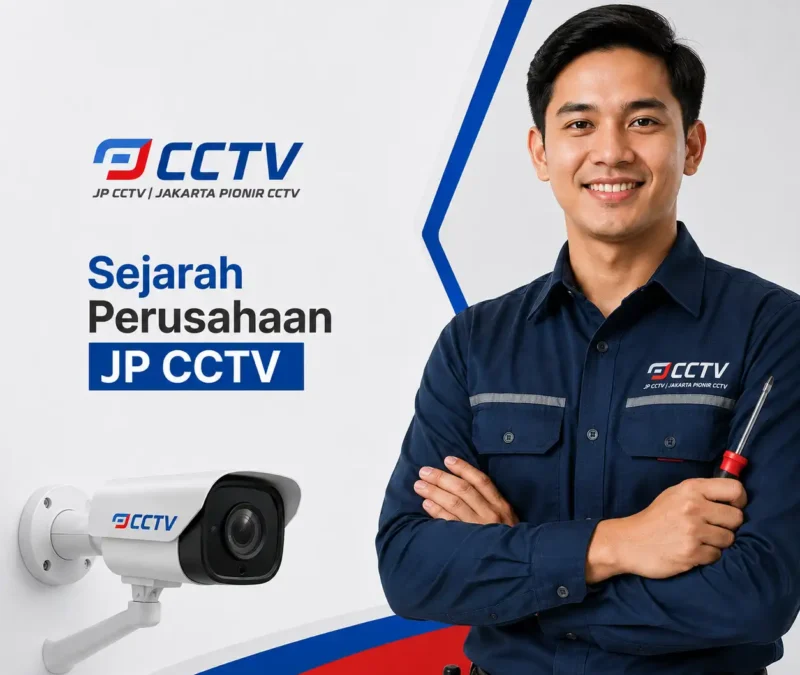 Sejarah Perusahaan JP CCTV dengan teknisi mengenakan seragam biru donker berlogo JP CCTV dan kamera CCTV