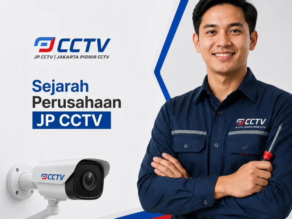 Sejarah Perusahaan JP CCTV dengan teknisi mengenakan seragam biru donker berlogo JP CCTV dan kamera CCTV