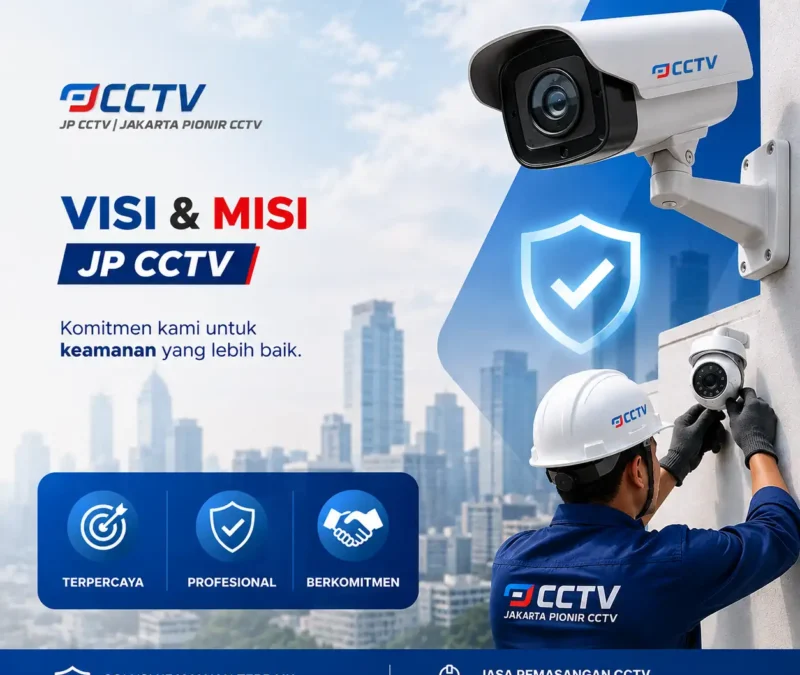 Visi & Misi JP CCTV dengan logo resmi, teknisi memasang CCTV, dan ilustrasi kamera keamanan untuk layanan jasa pemasangan CCTV rumah, kantor, toko, dan gudang.