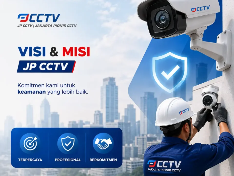 Visi & Misi JP CCTV dengan logo resmi, teknisi memasang CCTV, dan ilustrasi kamera keamanan untuk layanan jasa pemasangan CCTV rumah, kantor, toko, dan gudang.