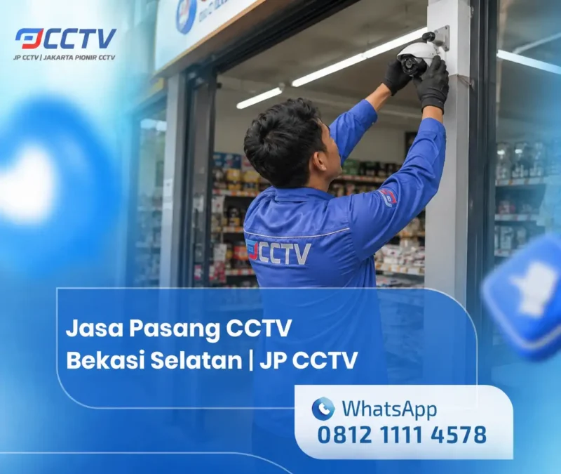 Jasa Pasang CCTV Bekasi Selatan JP CCTV dengan teknisi profesional sedang memasang kamera CCTV di area toko.