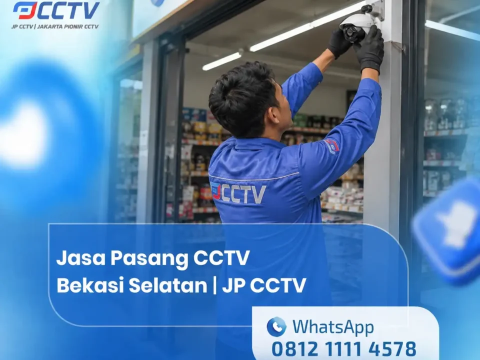 Jasa Pasang CCTV Bekasi Selatan JP CCTV dengan teknisi profesional sedang memasang kamera CCTV di area toko.