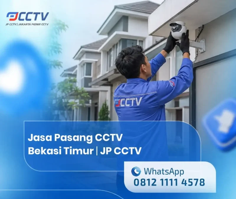 Jasa Pasang CCTV Bekasi Timur JP CCTV, teknisi profesional sedang memasang kamera CCTV di area komplek perumahan.