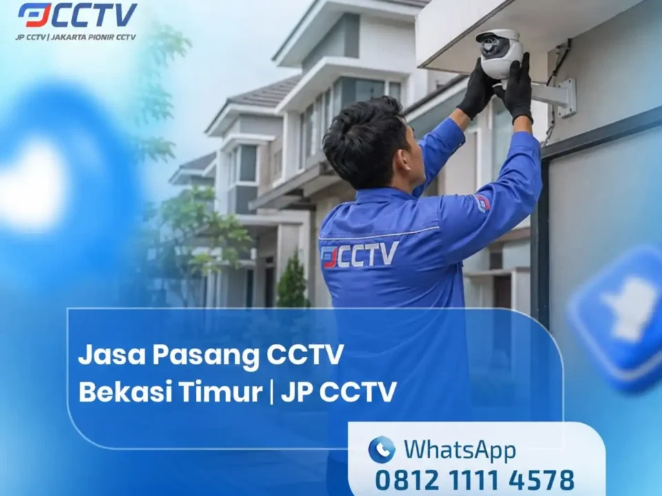 Jasa Pasang CCTV Bekasi Timur JP CCTV, teknisi profesional sedang memasang kamera CCTV di area komplek perumahan.