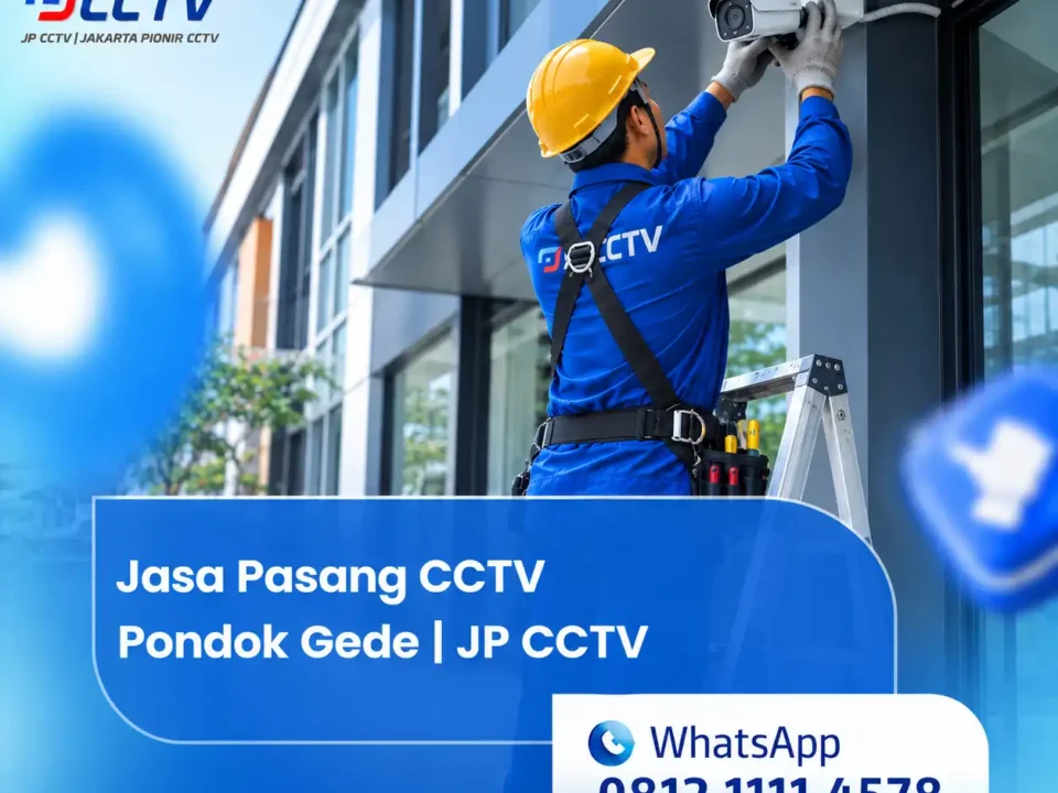 Jasa Pasang CCTV Pondok Gede JP CCTV dengan teknisi profesional sedang memasang kamera CCTV pada gedung modern