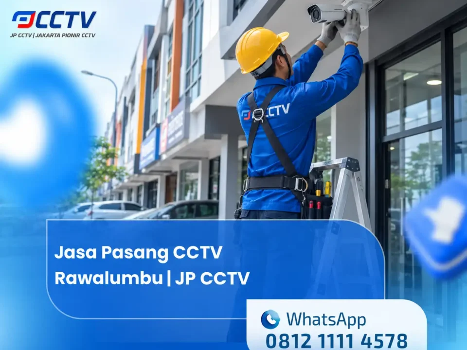 Teknisi JP CCTV sedang memasang kamera CCTV di area ruko Rawalumbu menggunakan tangga dengan latar bangunan komersial modern.